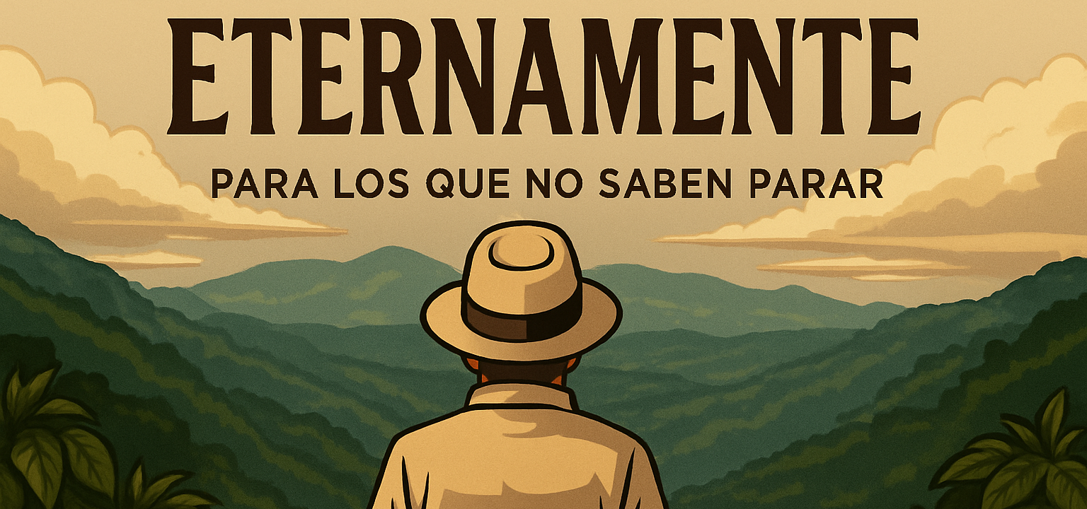 Man in a hat looking at mountains with text 'ETERNAMENTE PARA LOS QUE NO SABEN PARAR' on a scenic background.